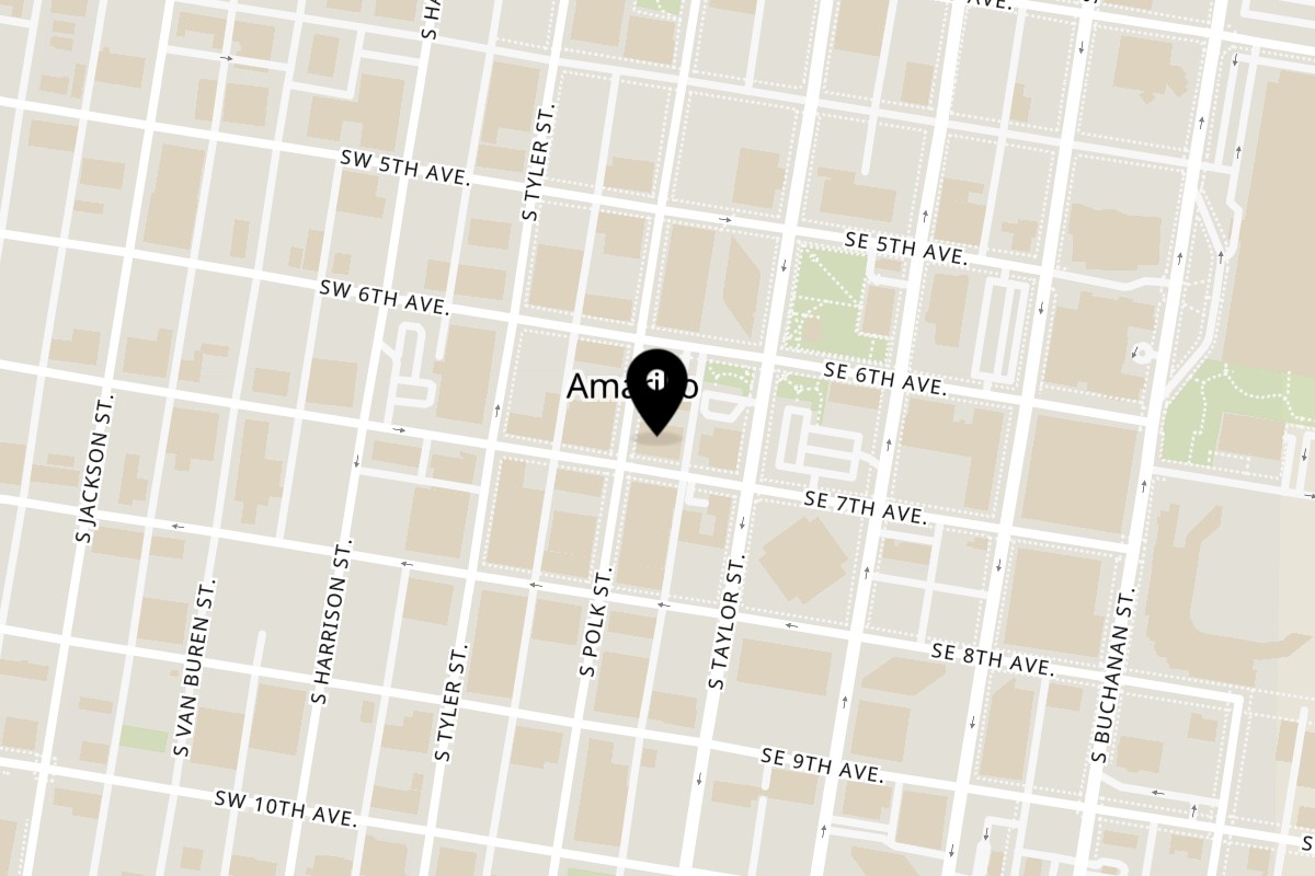 Map showing the location of Crush Wine Bar & Grill on 627 S Polk St in Amarillo